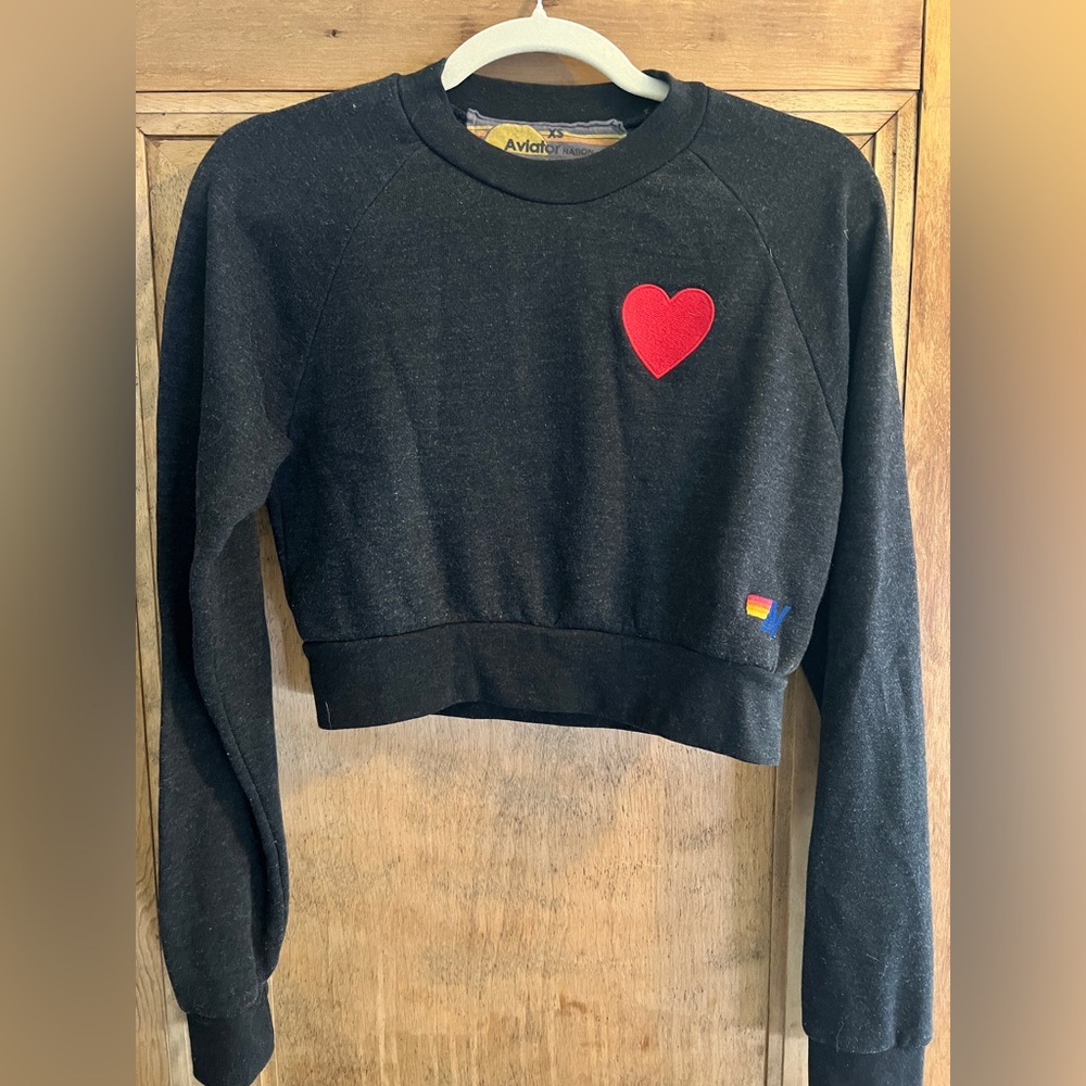 Aviator Nation Dark Gray Cropped Sweatshirt with Red Heart Patch